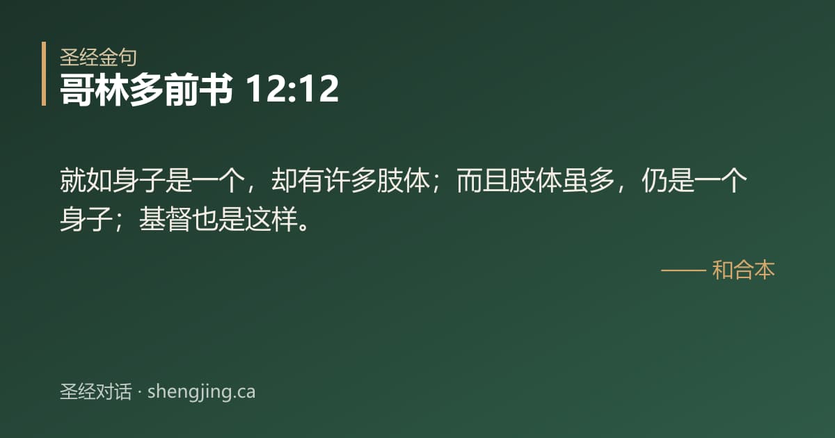 哥林多前书 12:12 经文图片:就如身子是一个，却有许多肢体；而且肢体虽多，仍是一个身子；基督也是这样。