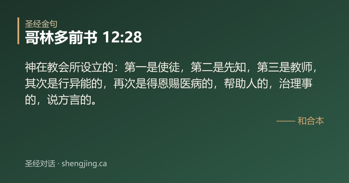 哥林多前书 12:28 经文图片:神在教会所设立的：第一是使徒，第二是先知，第三是教师，其次是行异能的，再次是得恩