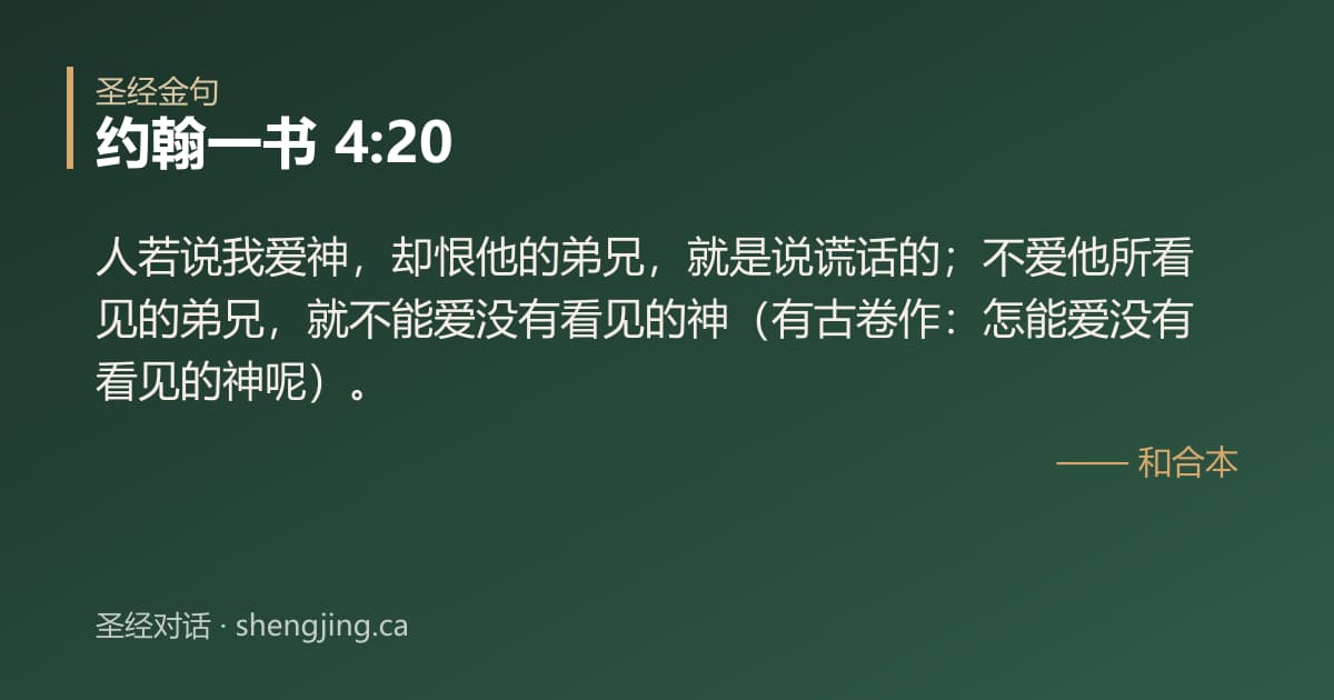 约翰一书 4:20 经文图片:人若说我爱神，却恨他的弟兄，就是说谎话的；不爱他所看见的弟兄，就不能爱没有看见的
