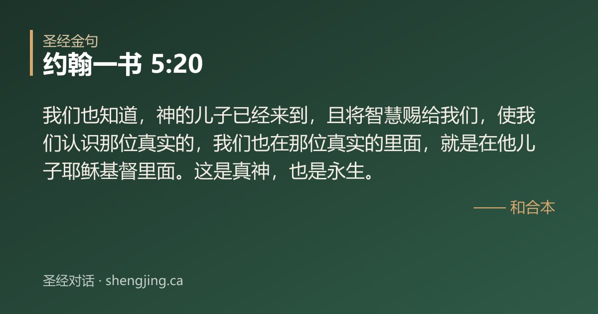 约翰一书 5:20 经文图片:我们也知道，神的儿子已经来到，且将智慧赐给我们，使我们认识那位真实的，我们也在那
