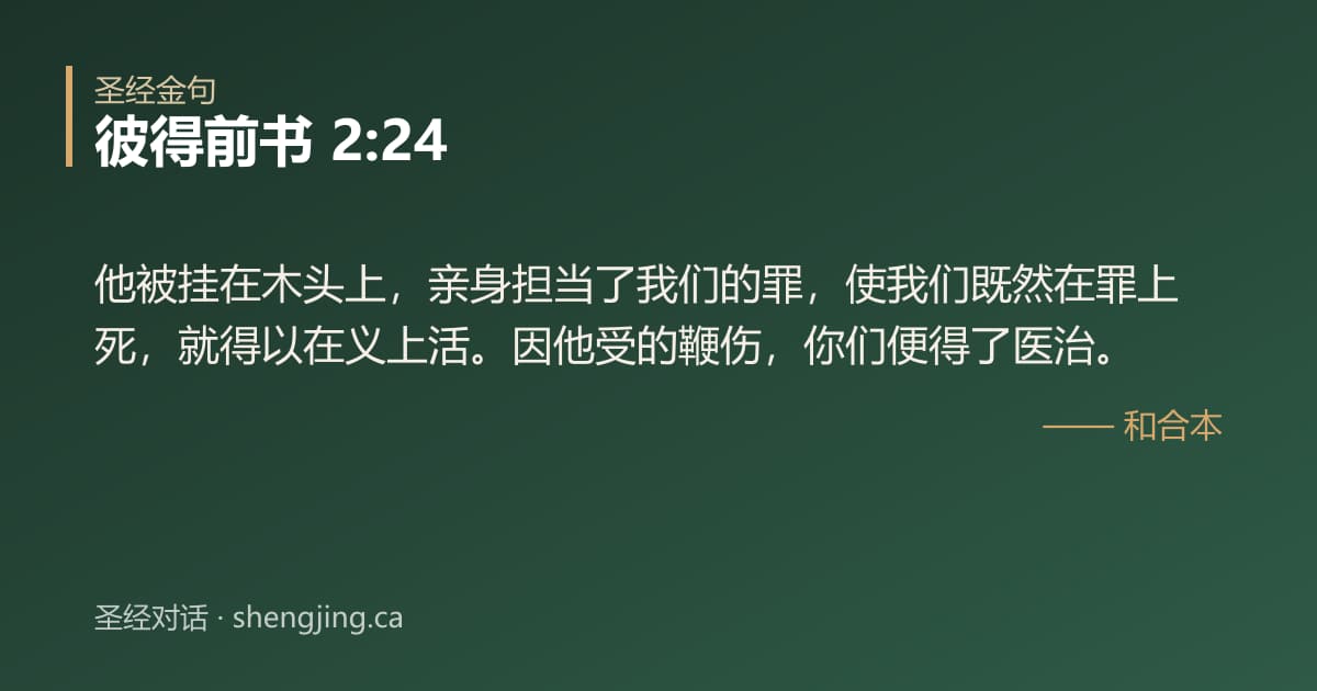 彼得前书 2:24 经文图片:他被挂在木头上，亲身担当了我们的罪，使我们既然在罪上死，就得以在义上活。因他受的