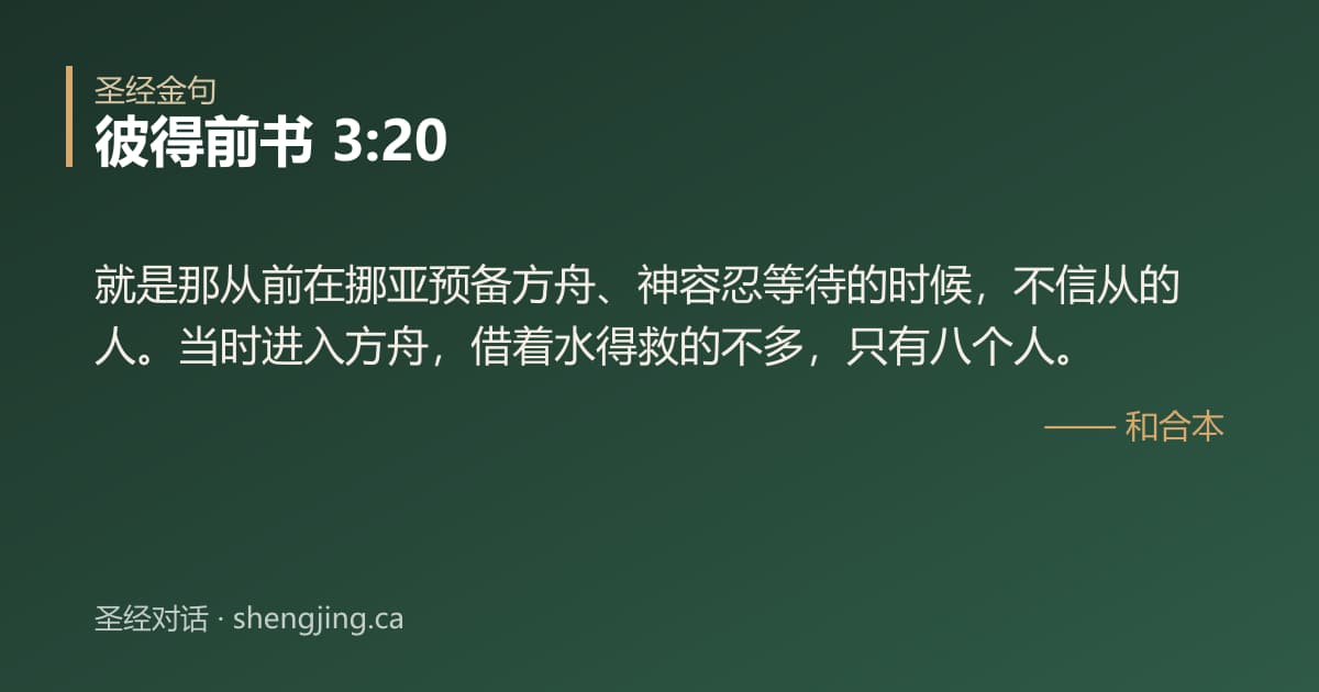 彼得前书 3:20 经文图片:就是那从前在挪亚预备方舟、神容忍等待的时候，不信从的人。当时进入方舟，借着水得救