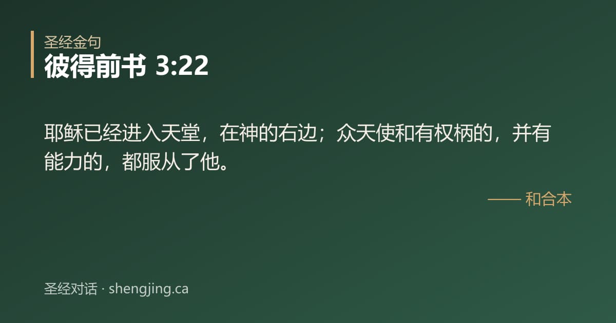 彼得前书 3:22 经文图片:耶稣已经进入天堂，在神的右边；众天使和有权柄的，并有能力的，都服从了他。