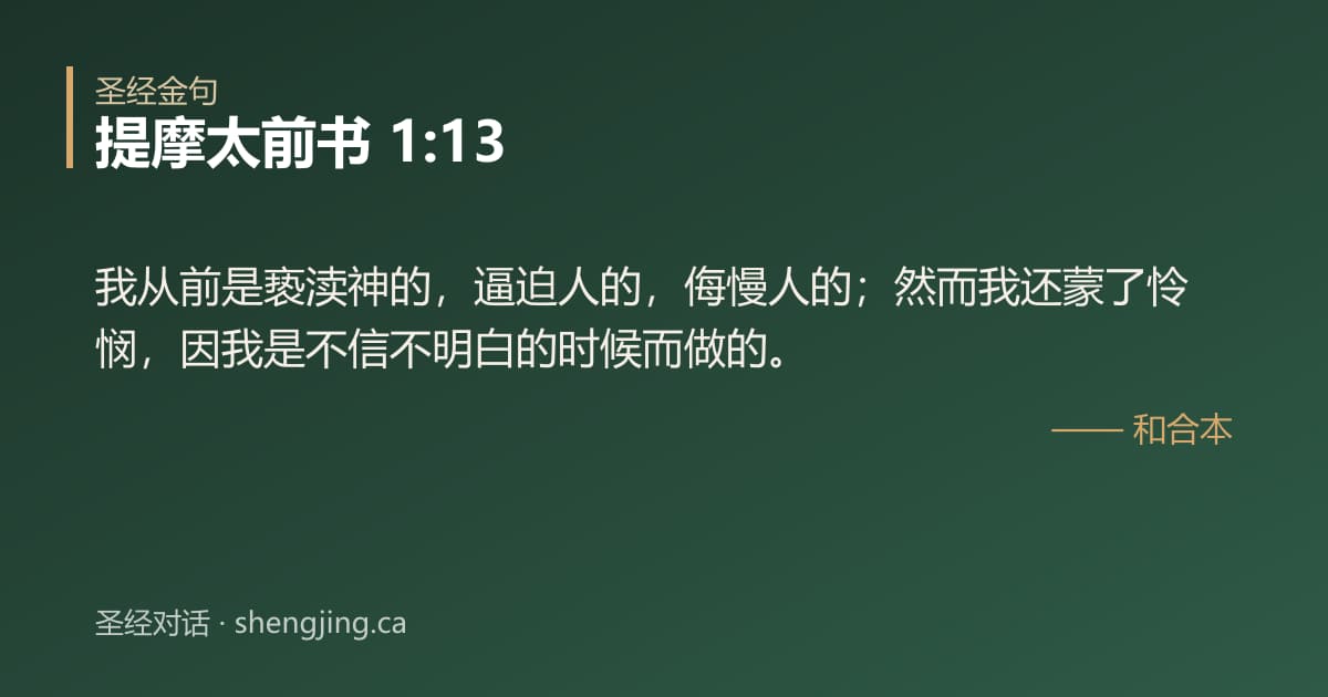 提摩太前书 1:13 经文图片:我从前是亵渎神的，逼迫人的，侮慢人的；然而我还蒙了怜悯，因我是不信不明白的时候而