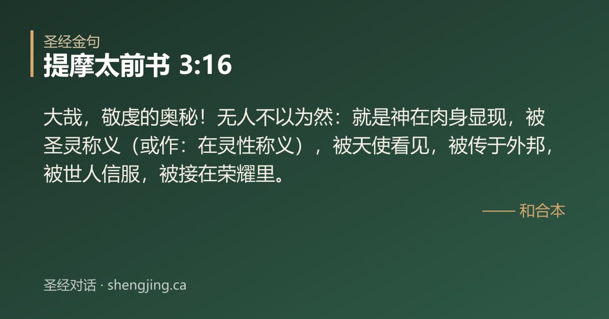 提摩太前书 3:16 经文图片:大哉，敬虔的奥秘！无人不以为然：就是神在肉身显现，被圣灵称义（或作：在灵性称义）