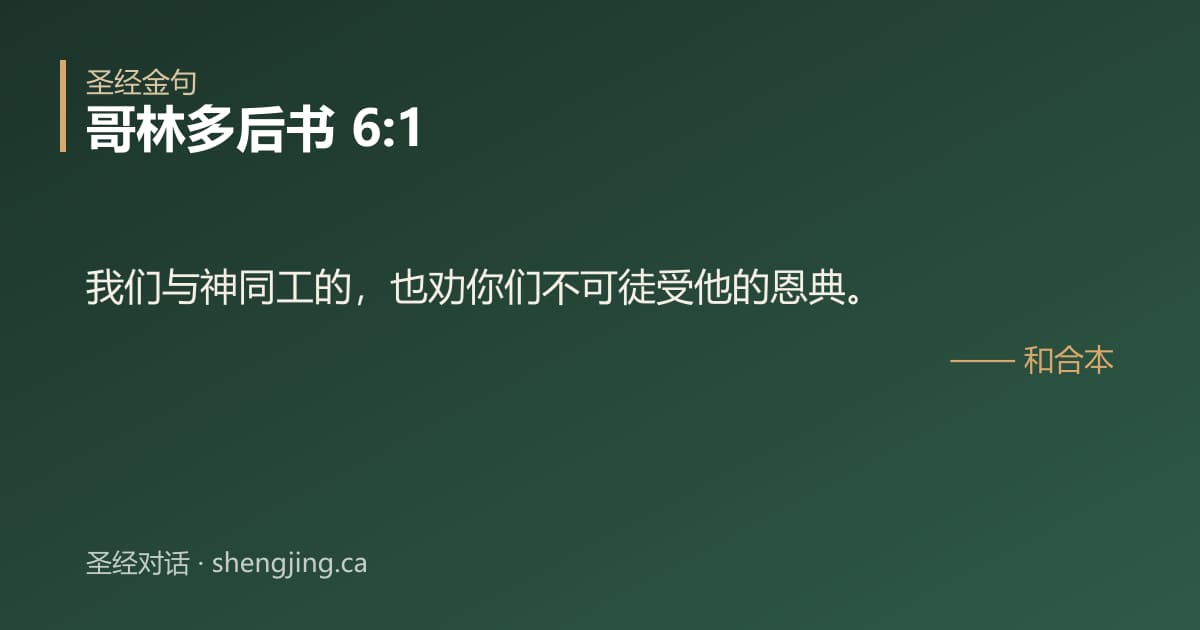 哥林多后书 6:1 经文图片:我们与神同工的，也劝你们不可徒受他的恩典。