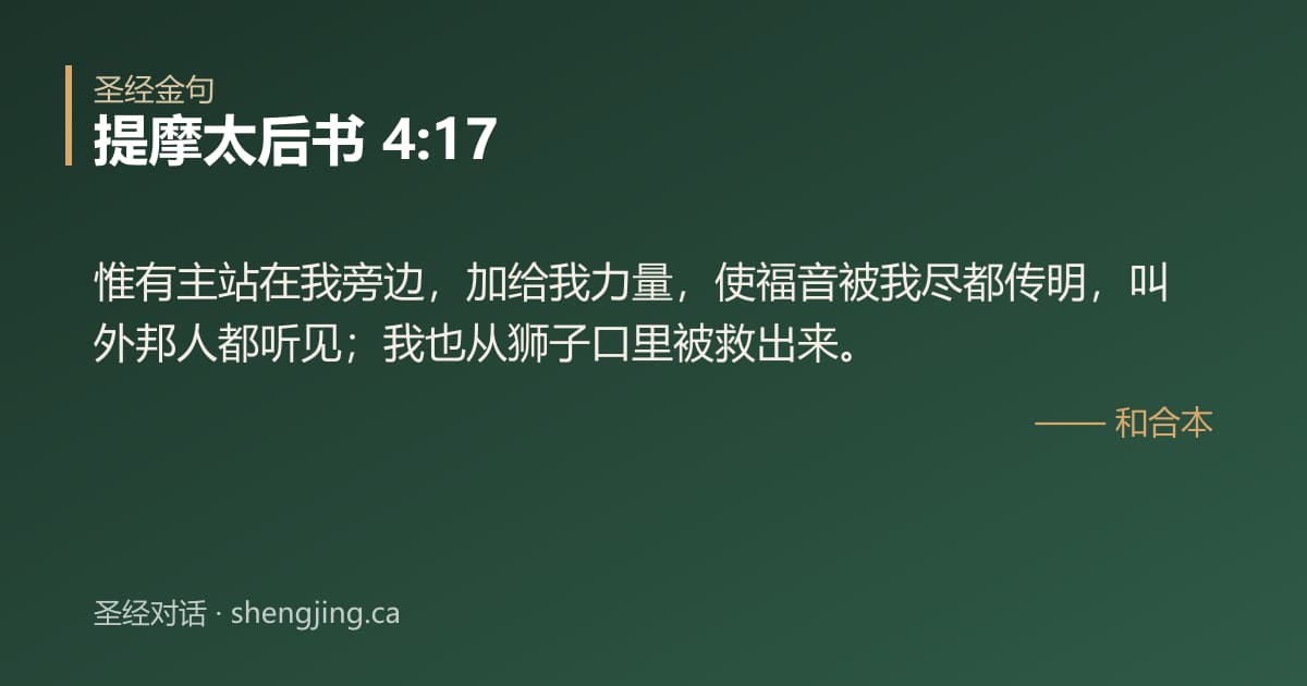 提摩太后书 4:17 经文图片:惟有主站在我旁边，加给我力量，使福音被我尽都传明，叫外邦人都听见；我也从狮子口里