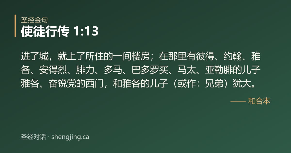 使徒行传 1:13 经文图片:进了城，就上了所住的一间楼房；在那里有彼得、约翰、雅各、安得烈、腓力、多马、巴多