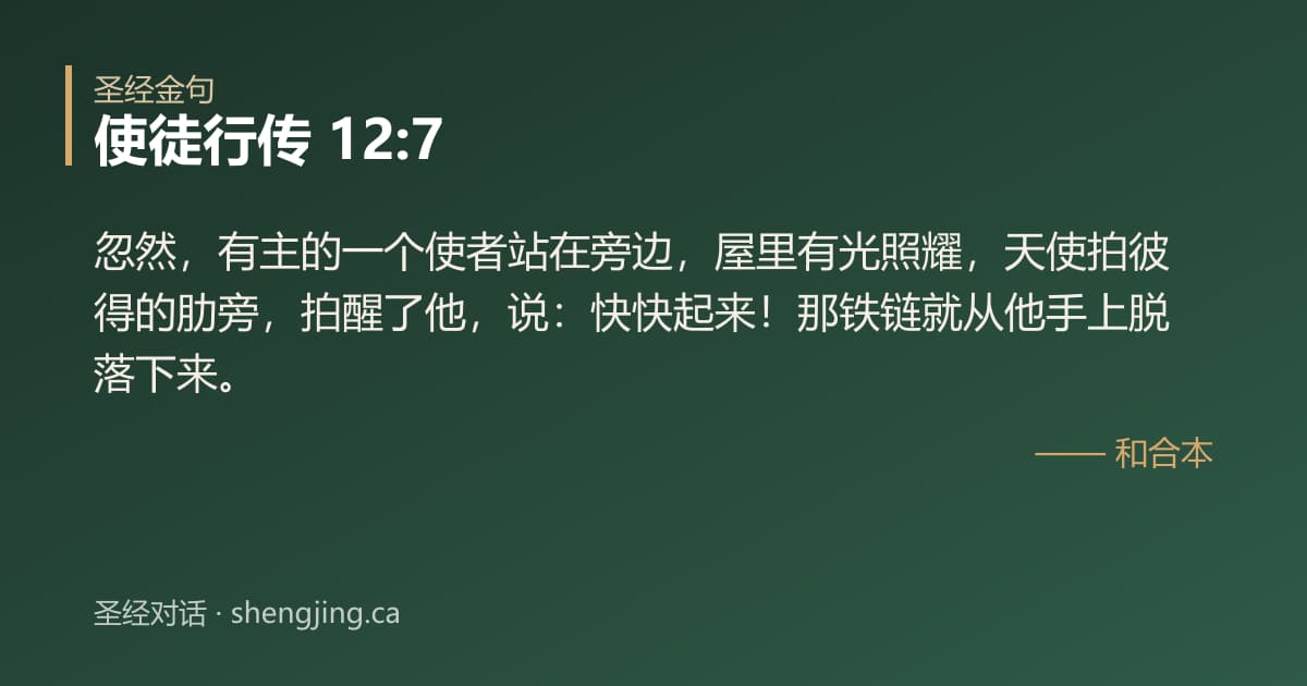 使徒行传 12:7 经文图片:忽然，有主的一个使者站在旁边，屋里有光照耀，天使拍彼得的肋旁，拍醒了他，说：快快