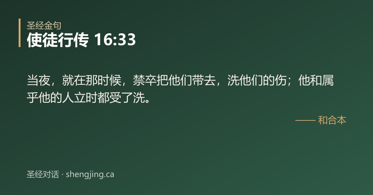 使徒行传 16:33 经文图片:当夜，就在那时候，禁卒把他们带去，洗他们的伤；他和属乎他的人立时都受了洗。