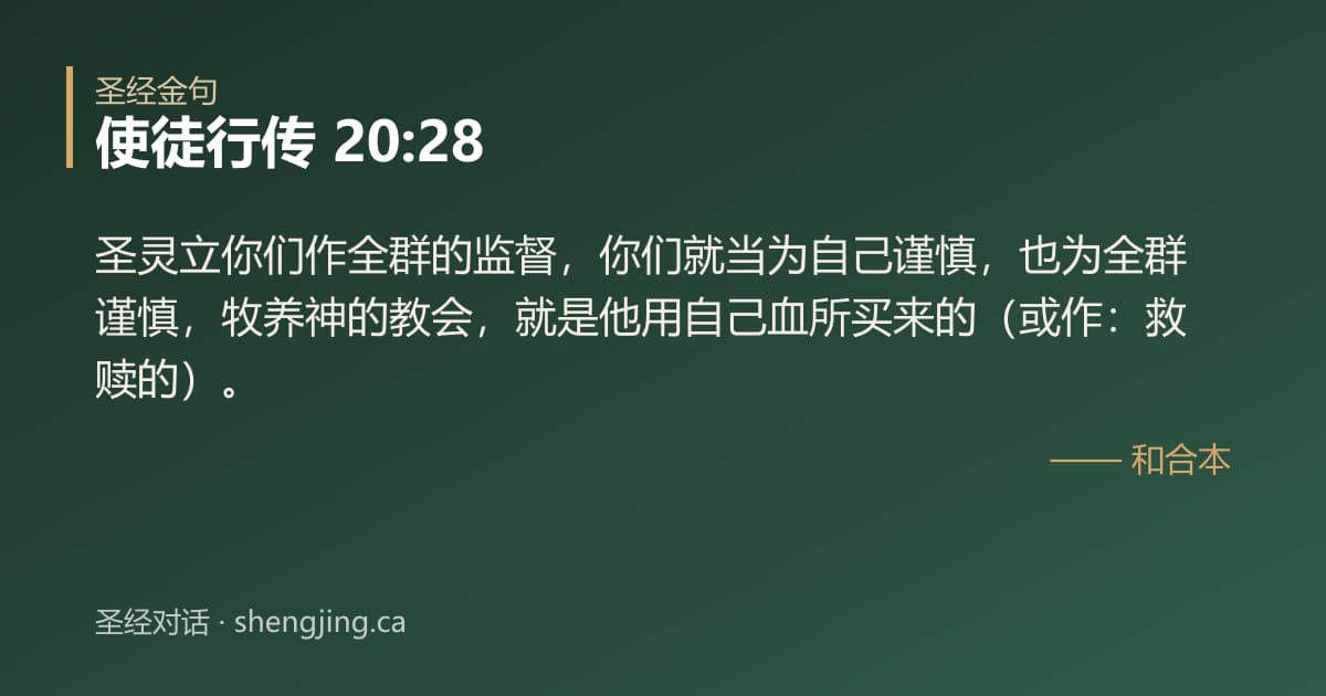 使徒行传 20:28 经文图片:圣灵立你们作全群的监督，你们就当为自己谨慎，也为全群谨慎，牧养神的教会，就是他用