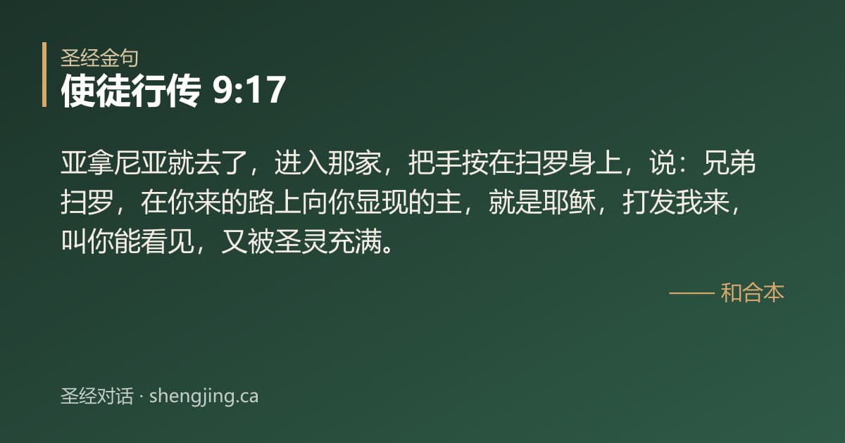 使徒行传 9:17 经文图片:亚拿尼亚就去了，进入那家，把手按在扫罗身上，说：兄弟扫罗，在你来的路上向你显现的