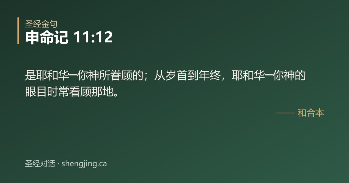 申命记 11:12 经文图片:是耶和华─你神所眷顾的；从岁首到年终，耶和华─你神的眼目时常看顾那地。