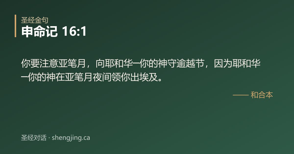 申命记 16:1 经文图片:你要注意亚笔月，向耶和华─你的神守逾越节，因为耶和华─你的神在亚笔月夜间领你出埃