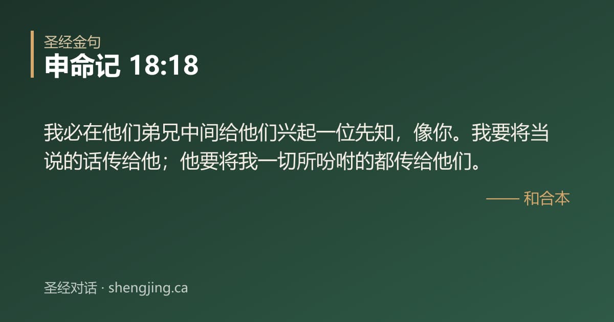 申命记 18:18 经文图片:我必在他们弟兄中间给他们兴起一位先知，像你。我要将当说的话传给他；他要将我一切所