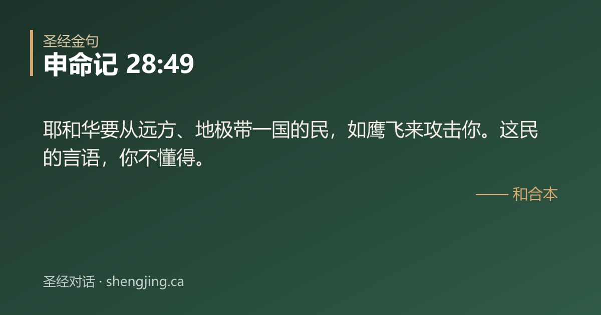 申命记 28:49 经文图片:耶和华要从远方、地极带一国的民，如鹰飞来攻击你。这民的言语，你不懂得。