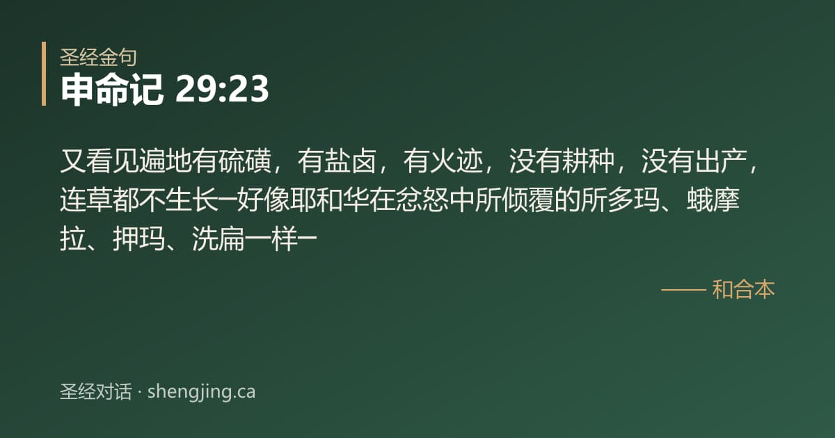 申命记 29:23 经文图片:又看见遍地有硫磺，有盐卤，有火迹，没有耕种，没有出产，连草都不生长─好像耶和华在