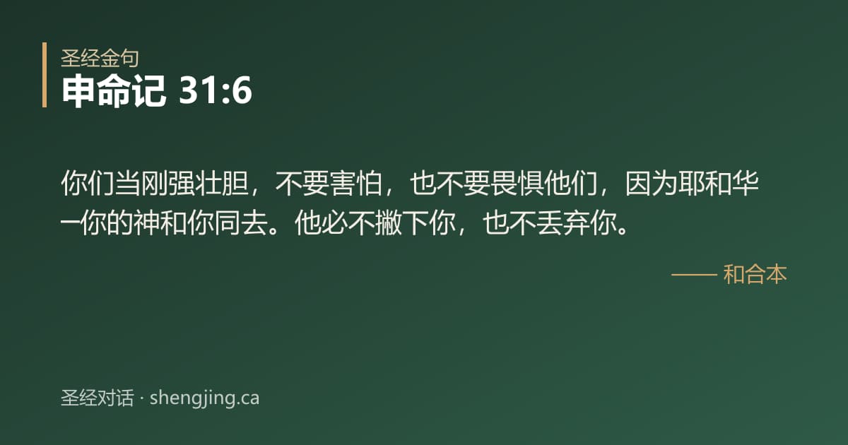 申命记 31:6 经文图片:你们当刚强壮胆，不要害怕，也不要畏惧他们，因为耶和华─你的神和你同去。他必不撇下