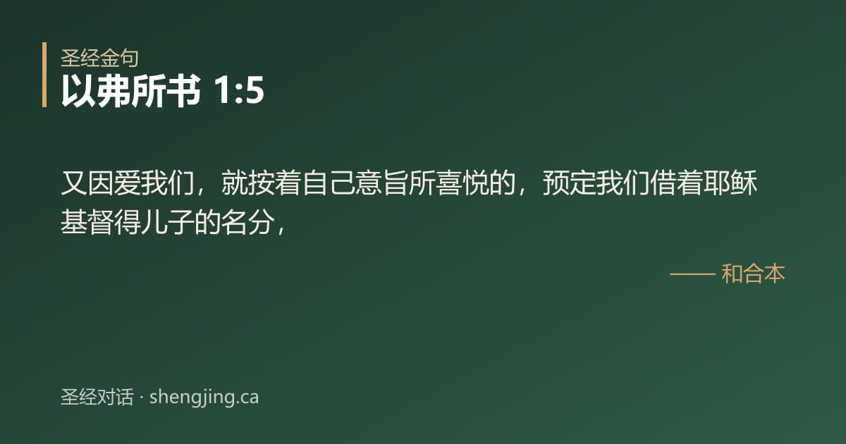 以弗所书 1:5 经文图片:又因爱我们，就按着自己意旨所喜悦的，预定我们借着耶稣基督得儿子的名分，