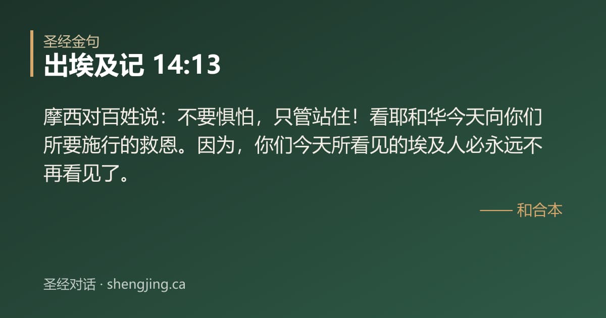 出埃及记 14:13 经文图片:摩西对百姓说：不要惧怕，只管站住！看耶和华今天向你们所要施行的救恩。因为，你们今