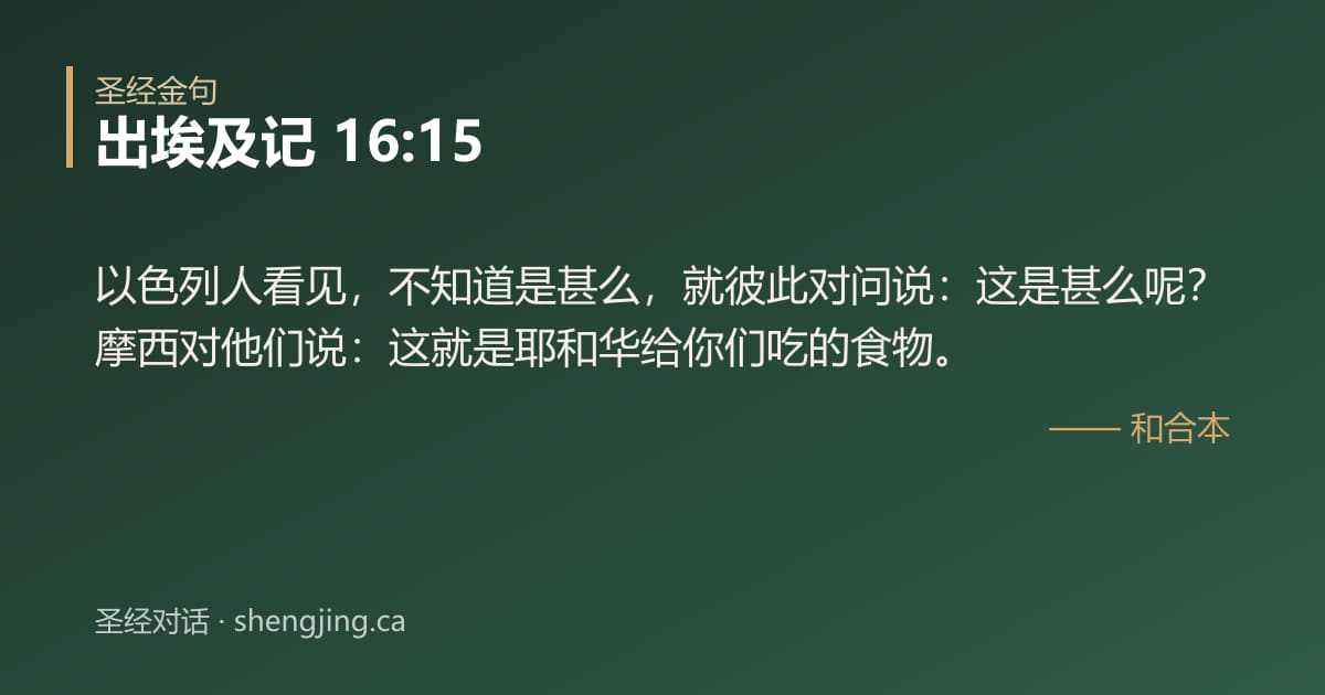 出埃及记 16:15 经文图片:以色列人看见，不知道是甚么，就彼此对问说：这是甚么呢？摩西对他们说：这就是耶和华