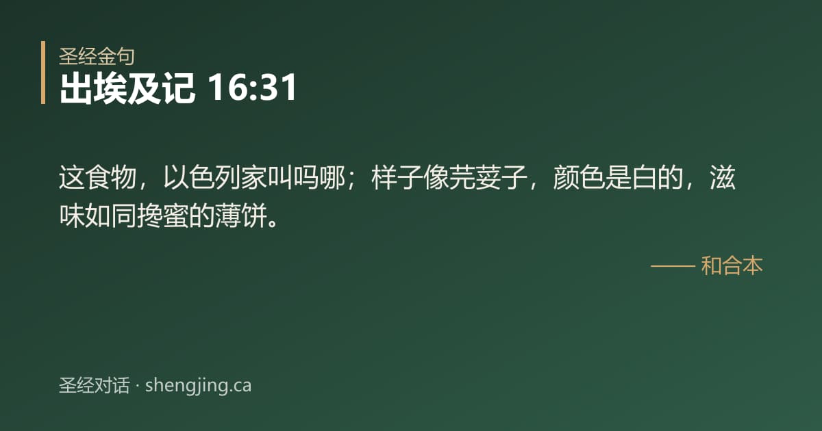 出埃及记 16:31 经文图片:这食物，以色列家叫吗哪；样子像芫荽子，颜色是白的，滋味如同搀蜜的薄饼。
