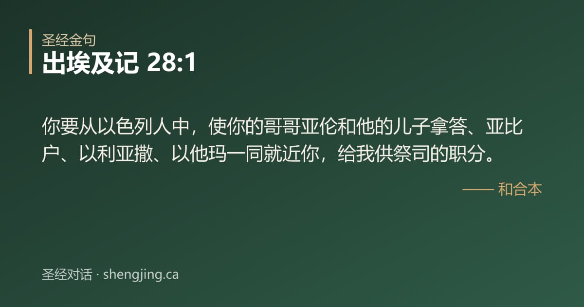 出埃及记 28:1 经文图片:你要从以色列人中，使你的哥哥亚伦和他的儿子拿答、亚比户、以利亚撒、以他玛一同就近