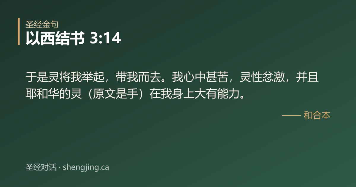 以西结书 3:14 经文图片:于是灵将我举起，带我而去。我心中甚苦，灵性忿激，并且耶和华的灵（原文是手）在我身