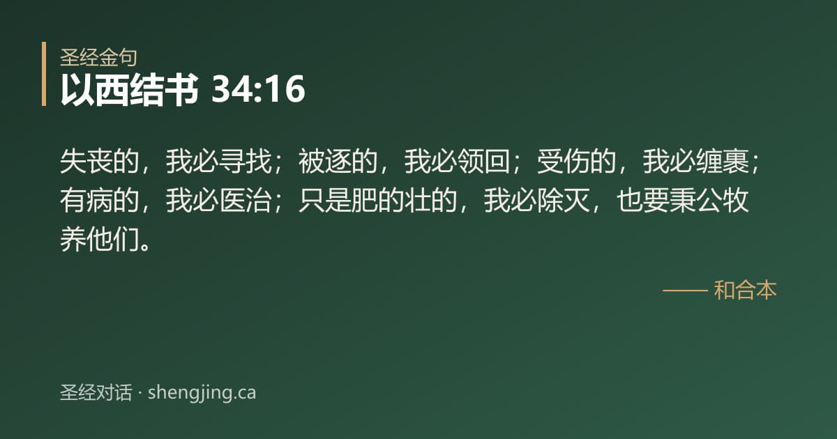 以西结书 34:16 经文图片:失丧的，我必寻找；被逐的，我必领回；受伤的，我必缠裹；有病的，我必医治；只是肥的