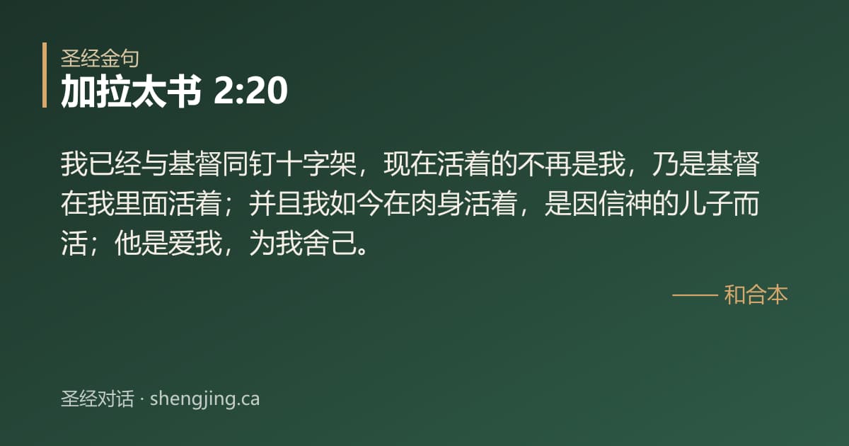 加拉太书 2:20 经文图片:我已经与基督同钉十字架，现在活着的不再是我，乃是基督在我里面活着；并且我如今在肉