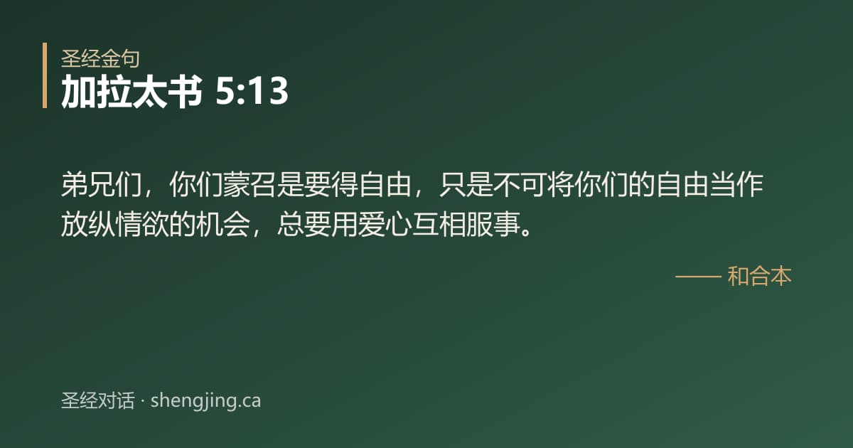 加拉太书 5:13 经文图片:弟兄们，你们蒙召是要得自由，只是不可将你们的自由当作放纵情欲的机会，总要用爱心互
