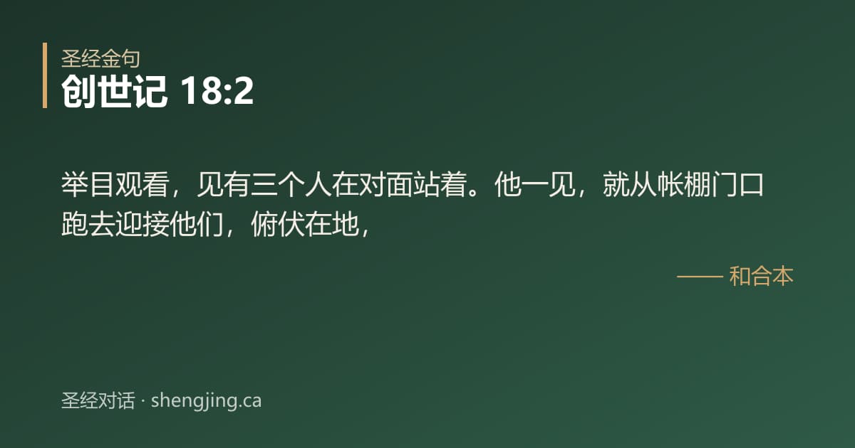 创世记 18:2 经文图片:举目观看，见有三个人在对面站着。他一见，就从帐棚门口跑去迎接他们，俯伏在地，
