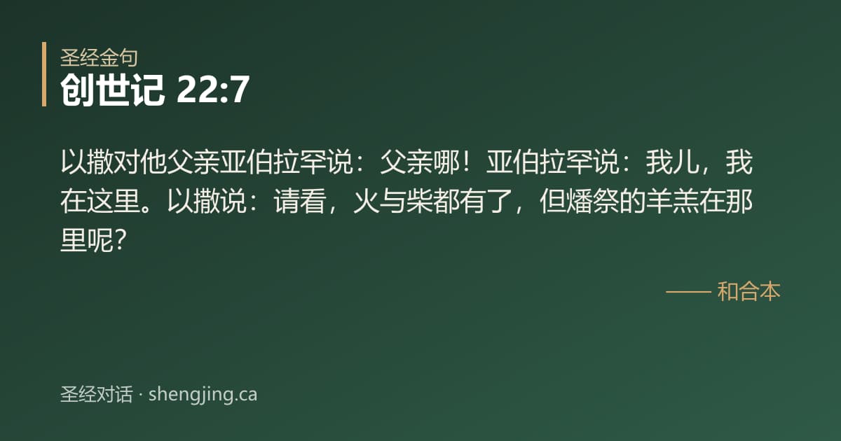 创世记 22:7 经文图片:以撒对他父亲亚伯拉罕说：父亲哪！亚伯拉罕说：我儿，我在这里。以撒说：请看，火与柴