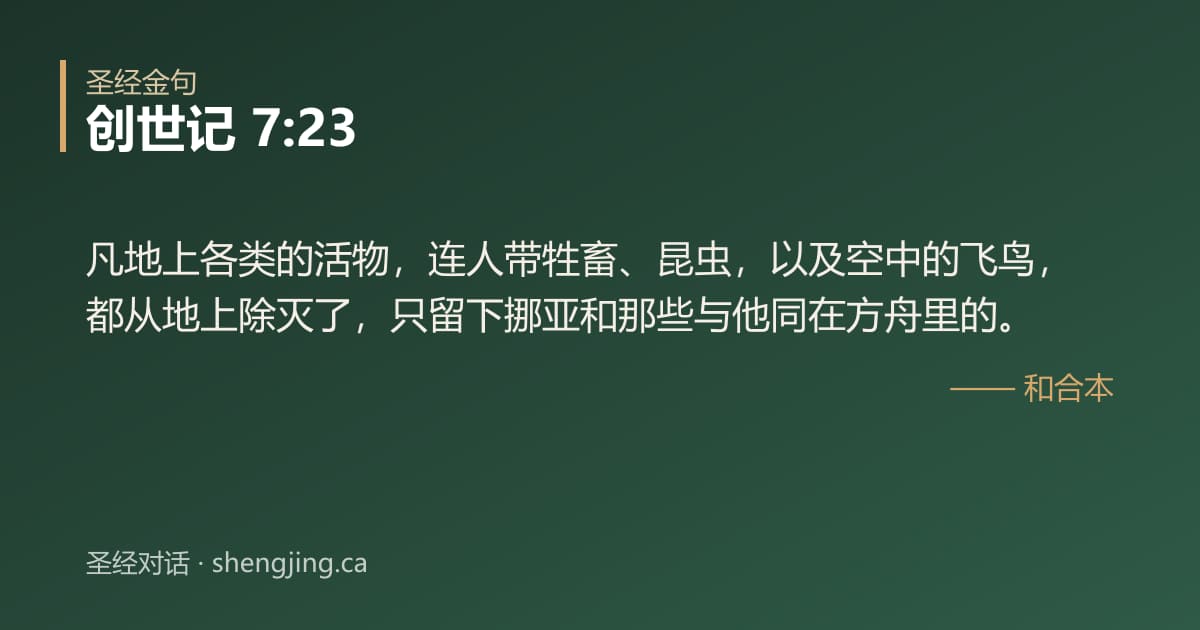 创世记 7:23 经文图片:凡地上各类的活物，连人带牲畜、昆虫，以及空中的飞鸟，都从地上除灭了，只留下挪亚和