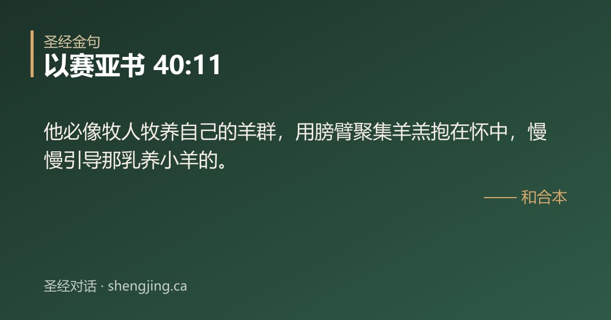以赛亚书 40:11 经文图片:他必像牧人牧养自己的羊群，用膀臂聚集羊羔抱在怀中，慢慢引导那乳养小羊的。