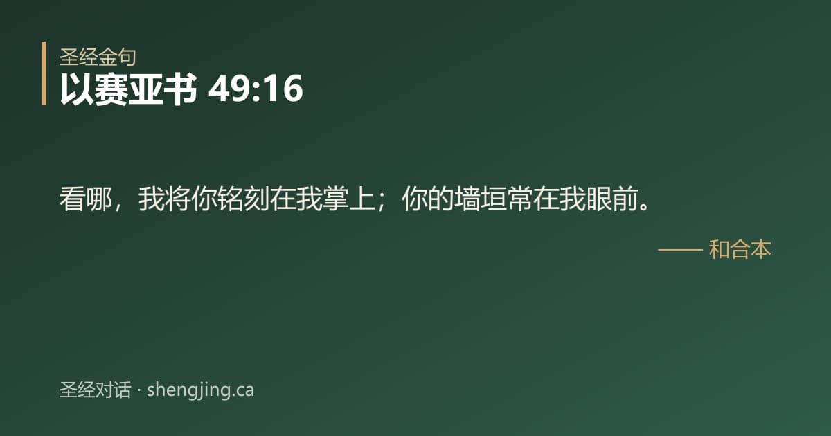 以赛亚书 49:16 经文图片:看哪，我将你铭刻在我掌上；你的墙垣常在我眼前。
