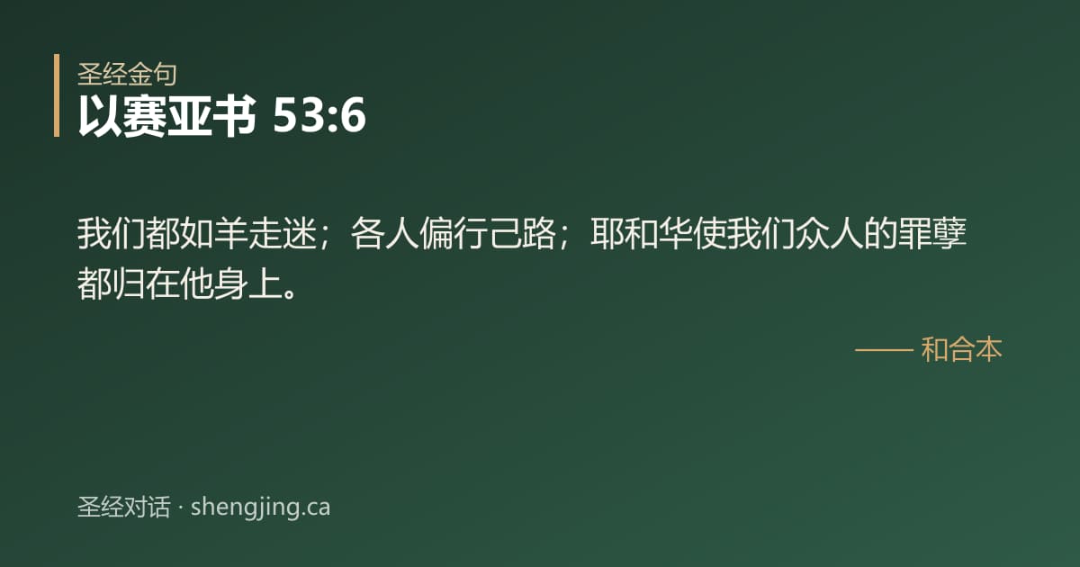 以赛亚书 53:6 经文图片:我们都如羊走迷；各人偏行己路；耶和华使我们众人的罪孽都归在他身上。
