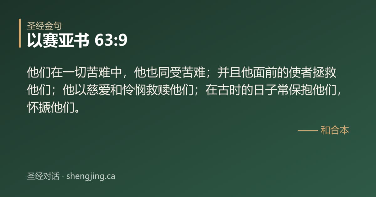 以赛亚书 63:9 经文图片:他们在一切苦难中，他也同受苦难；并且他面前的使者拯救他们；他以慈爱和怜悯救赎他们