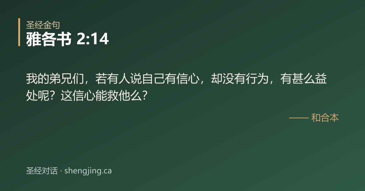 雅各书 2:14 经文图片:我的弟兄们，若有人说自己有信心，却没有行为，有甚么益处呢？这信心能救他么？