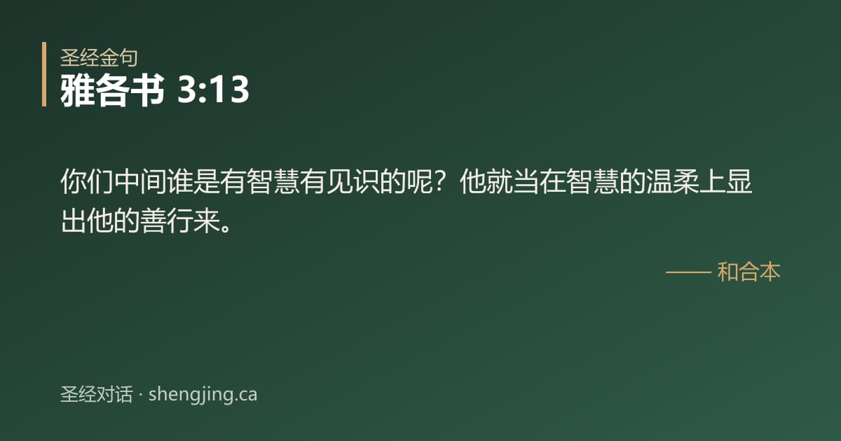 雅各书 3:13 经文图片:你们中间谁是有智慧有见识的呢？他就当在智慧的温柔上显出他的善行来。