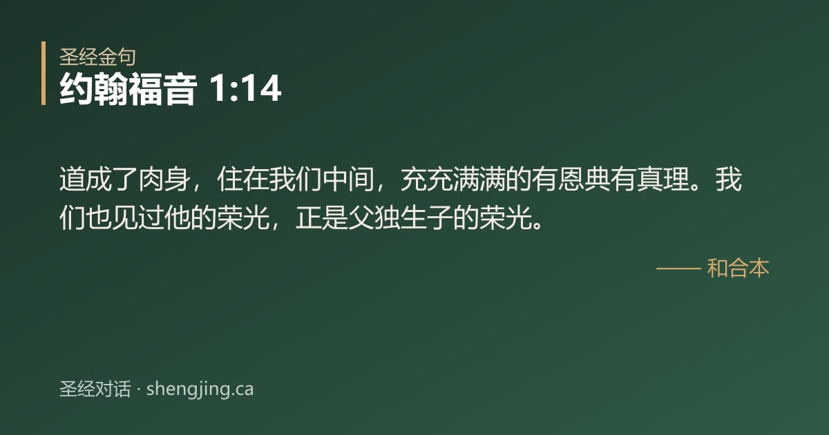 约翰福音 1:14 经文图片:道成了肉身，住在我们中间，充充满满的有恩典有真理。我们也见过他的荣光，正是父独生