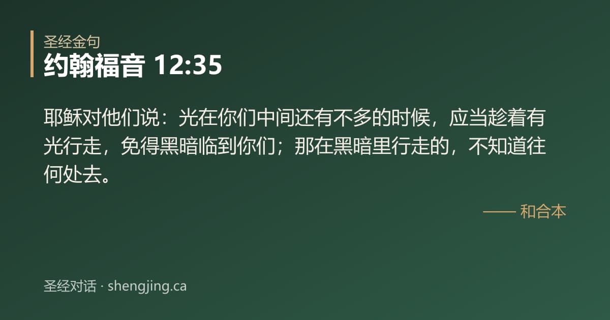 约翰福音 12:35 经文图片:耶稣对他们说：光在你们中间还有不多的时候，应当趁着有光行走，免得黑暗临到你们；那