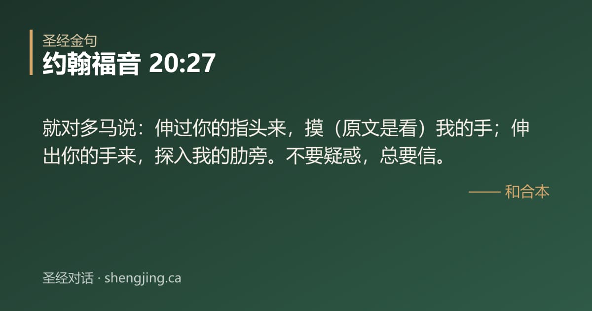 约翰福音 20:27 经文图片:就对多马说：伸过你的指头来，摸（原文是看）我的手；伸出你的手来，探入我的肋旁。不