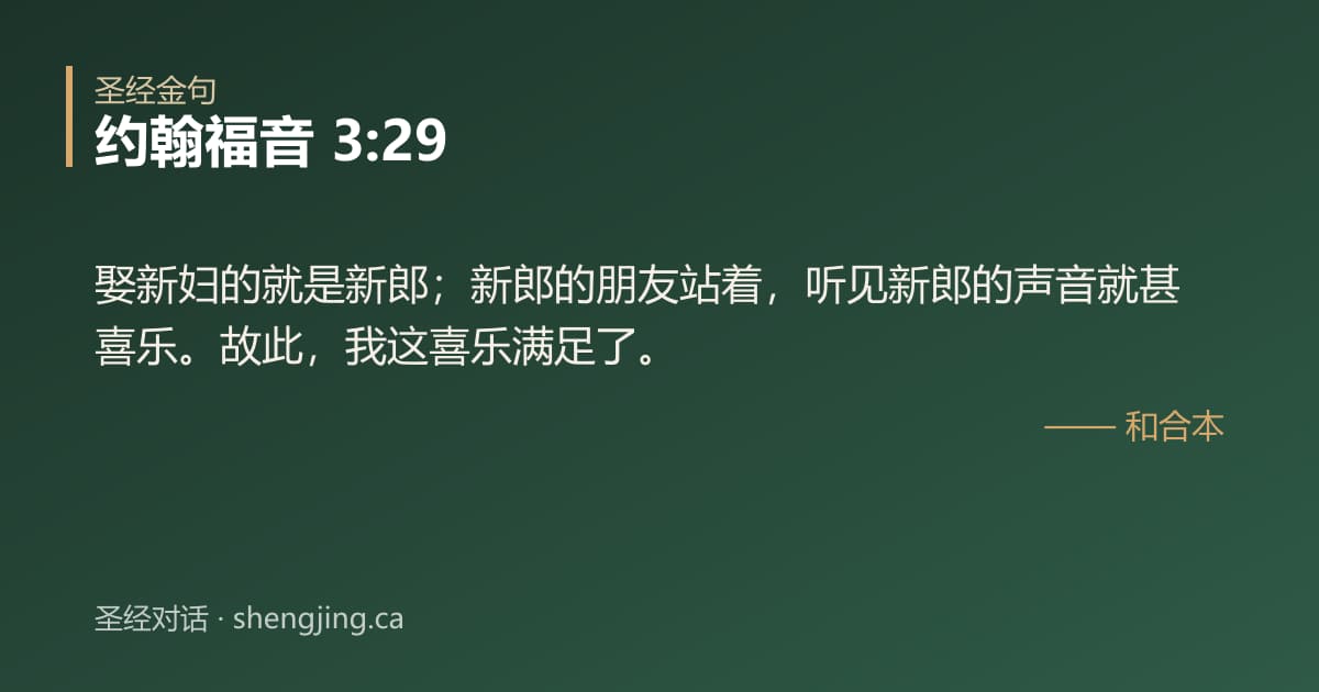 约翰福音 3:29 经文图片:娶新妇的就是新郎；新郎的朋友站着，听见新郎的声音就甚喜乐。故此，我这喜乐满足了。