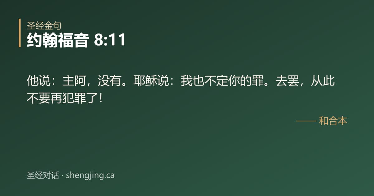 约翰福音 8:11 经文图片:他说：主阿，没有。耶稣说：我也不定你的罪。去罢，从此不要再犯罪了！
