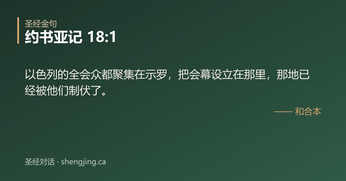 约书亚记 18:1 经文图片:以色列的全会众都聚集在示罗，把会幕设立在那里，那地已经被他们制伏了。