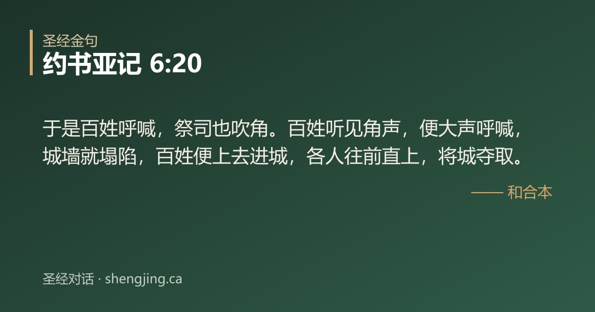 约书亚记 6:20 经文图片:于是百姓呼喊，祭司也吹角。百姓听见角声，便大声呼喊，城墙就塌陷，百姓便上去进城，