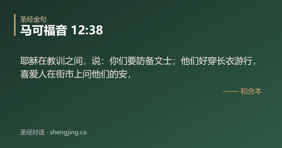 马可福音 12:38 经文图片:耶稣在教训之间，说：你们要防备文士；他们好穿长衣游行，喜爱人在街市上问他们的安，
