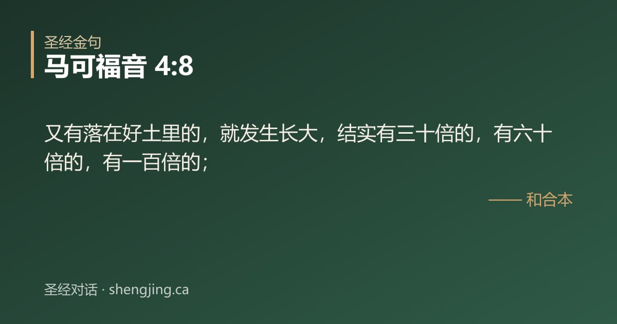 马可福音 4:8 经文图片:又有落在好土里的，就发生长大，结实有三十倍的，有六十倍的，有一百倍的；
