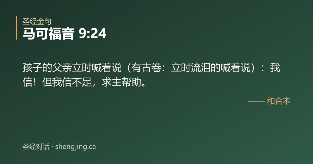 马可福音 9:24 经文图片:孩子的父亲立时喊着说（有古卷：立时流泪的喊着说）：我信！但我信不足，求主帮助。